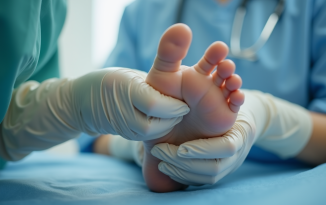 Examen d'un pied par un médecin en milieu clinique