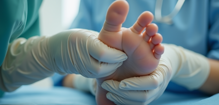 Examen d'un pied par un médecin en milieu clinique