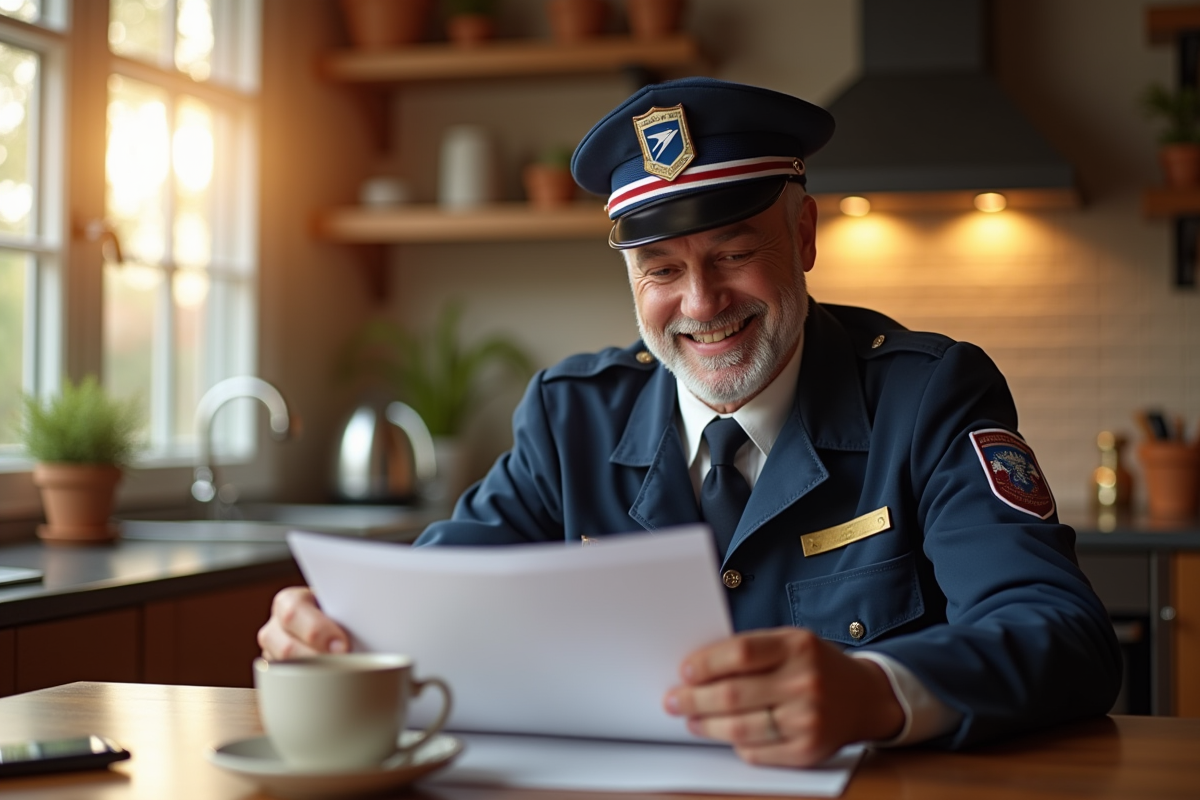 Facteur français souriant dans une cuisine chaleureuse avec documents de pension
