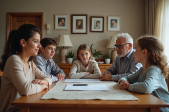 Famille réunie autour de documents importants à la maison