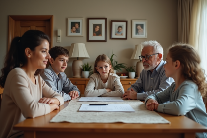 Famille réunie autour de documents importants à la maison