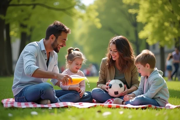 Famille souriante profitant d'un pique-nique dans un parc à Lille