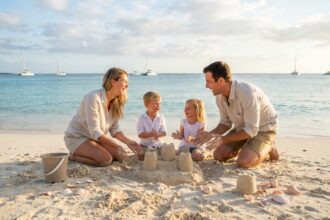 Famille construisant un château de sable sur la plage ensoleillée