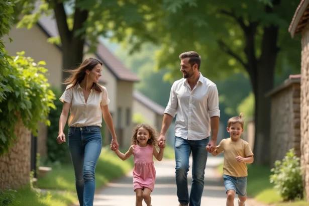 Famille en promenade dans les rues de Saralbe avec deux enfants en été