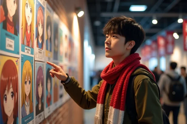 Fan d'anime pointant une liste d'épisodes Fairy Tail affichée sur un mur de posters lors d'une convention