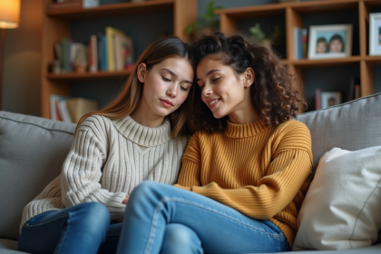 Femme et adolescente discutent dans un salon chaleureux
