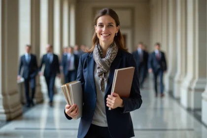 Femme en blazer navy dans un bâtiment officiel