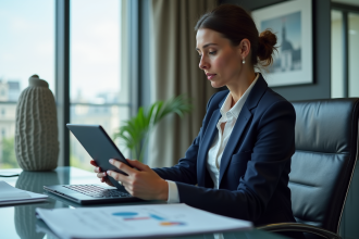 Femme d'affaires en costume bleu à Paris