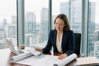 Femme d'affaires examinant un plan immobilier dans un bureau