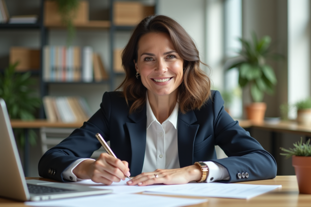 Femme d'affaires souriante dans un bureau moderne