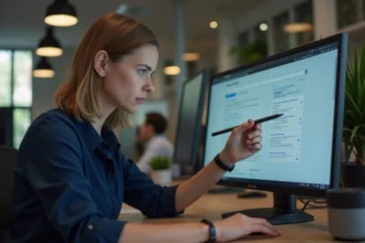 Femme analysant des résultats de moteur de recherche sur un ordinateur de bureau pour identifier les fausses adresses en ligne
