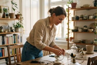 femme assemblant un luminaire DIY dans un intérieur moderne