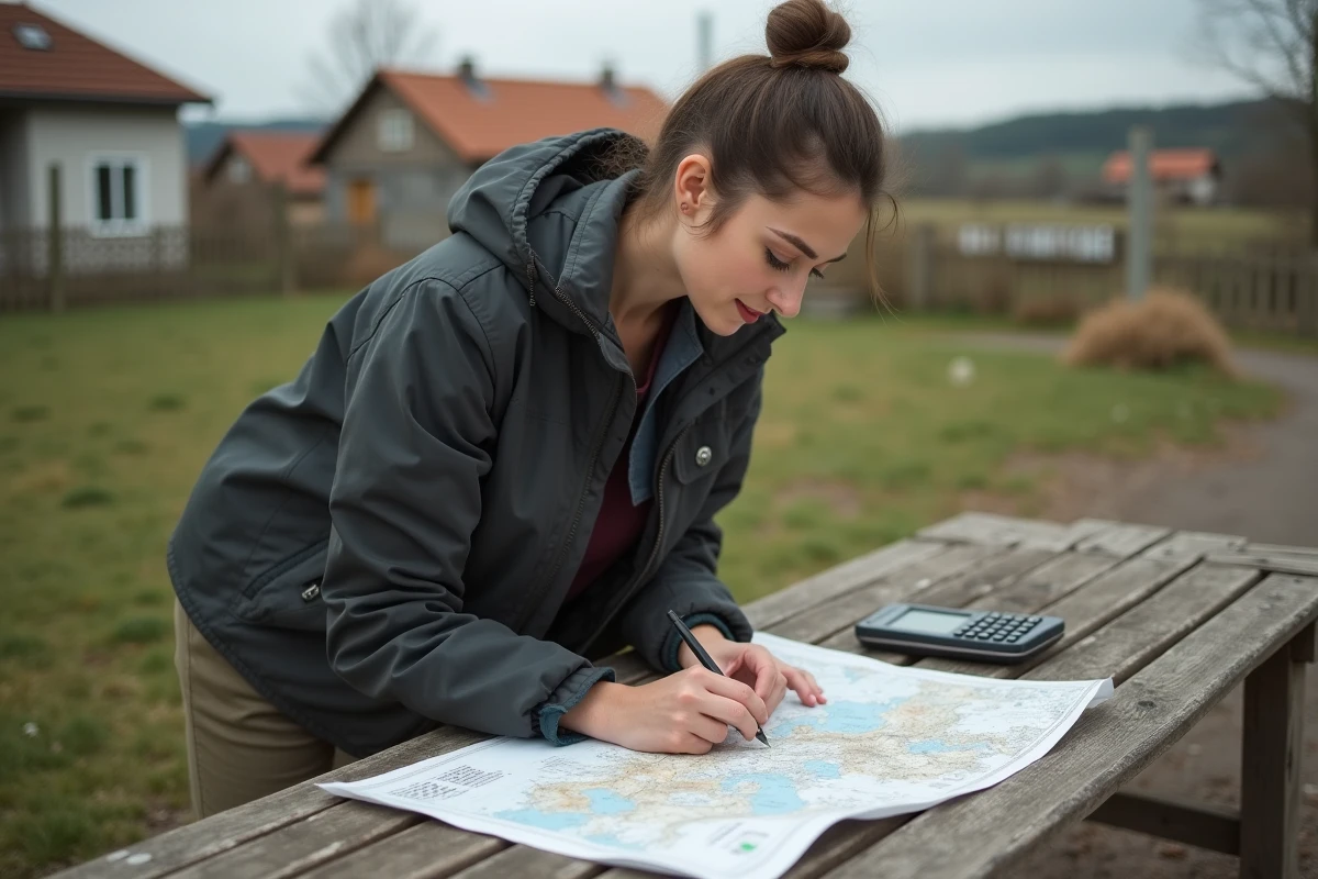 Jeune femme examinant une carte sur une table en plein air