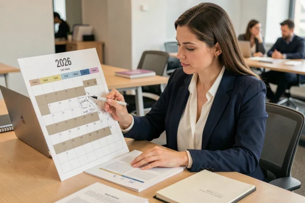 Femme professionnelle annotant un calendrier 2026 semaines paires et impaires dans un bureau moderne