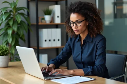 Jeune femme professionnelle travaillant sur un ordinateur dans un bureau moderne