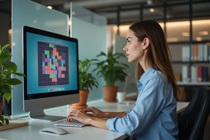 Femme concentrée au bureau avec puzzle coloré