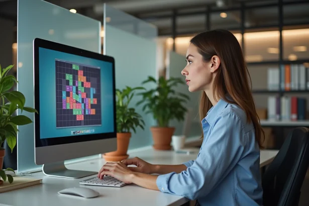 Femme concentrée au bureau avec puzzle coloré