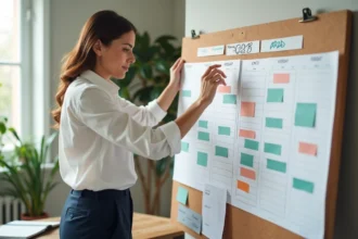 Femme consultant un calendrier 2026 avec semaines paires et impaires sur un tableau en liège au bureau