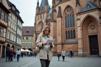 Femme consultant une carte devant la cathédrale de Strasbourg sur les pavés de la place