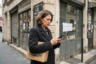 Femme tenant un colis Colissimo devant un point relais fermé avec pancarte sur la porte