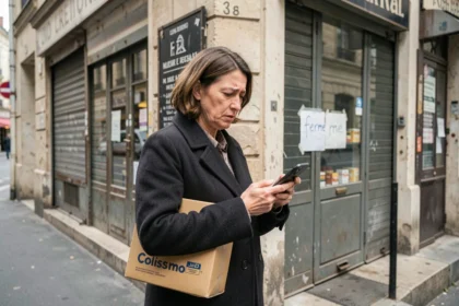 Femme tenant un colis Colissimo devant un point relais fermé avec pancarte sur la porte