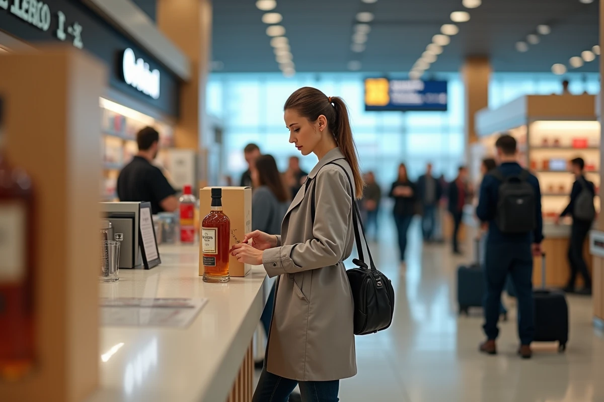 Femme en trench-coat comparant deux boîtes de whisky Scotch au comptoir duty-free d'un aéroport international avec un air concentré