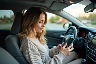 Femme en voiture compare applications de covoiturage