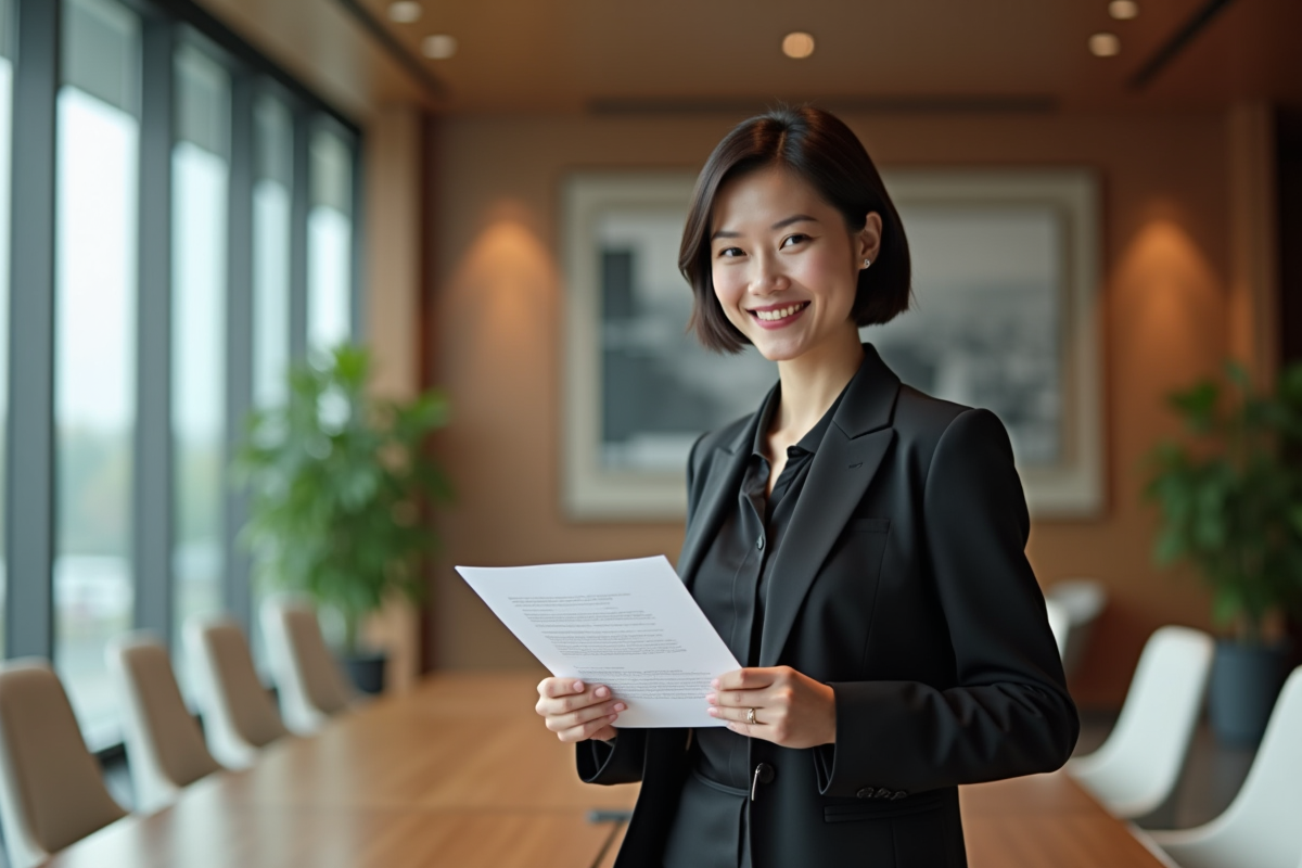 Femme confiante avec rapport financier dans une salle de réunion