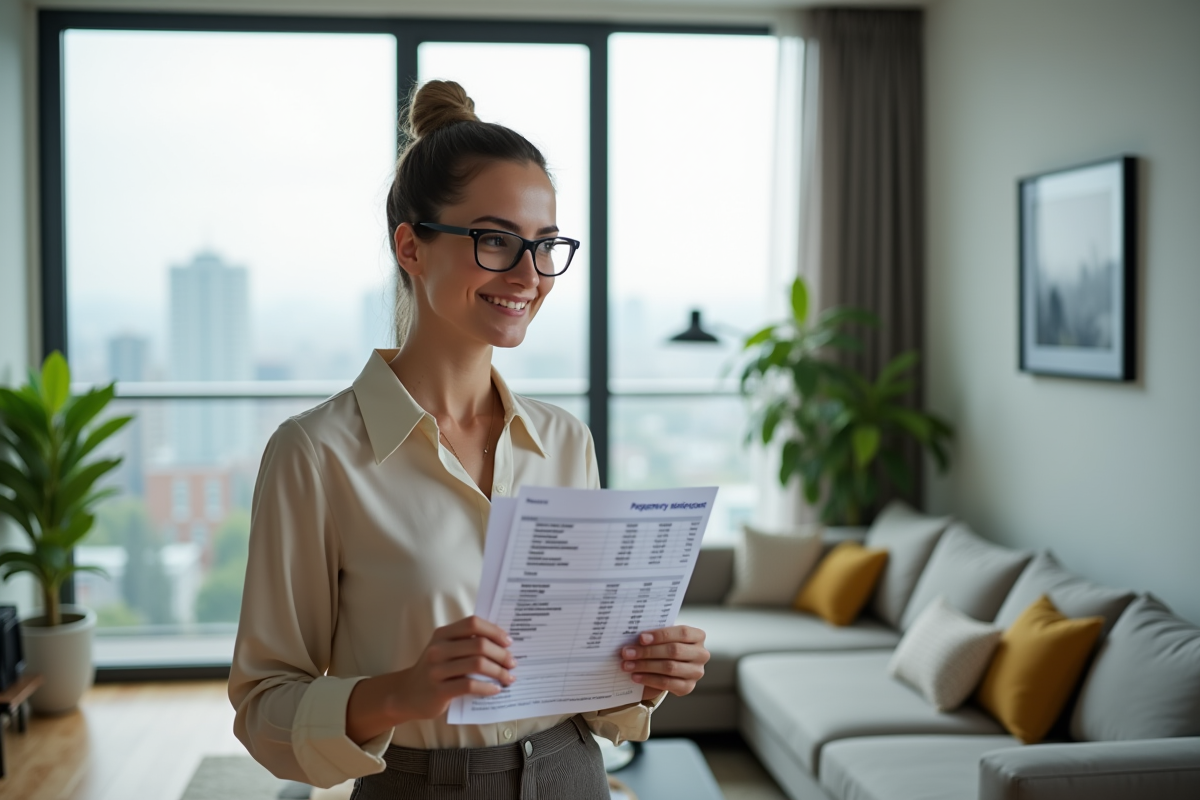 Jeune femme avec feuille de calcul dans un salon moderne