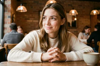 Jeune femme croisant les doigts dans un café, exprimant l'espoir et la communication non verbale