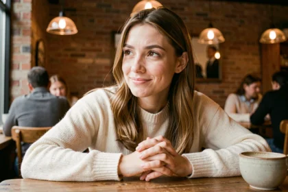 Jeune femme croisant les doigts dans un café, exprimant l'espoir et la communication non verbale
