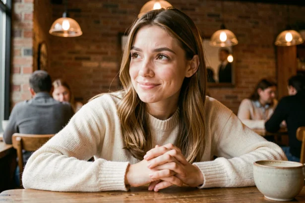 Jeune femme croisant les doigts dans un café, exprimant l'espoir et la communication non verbale