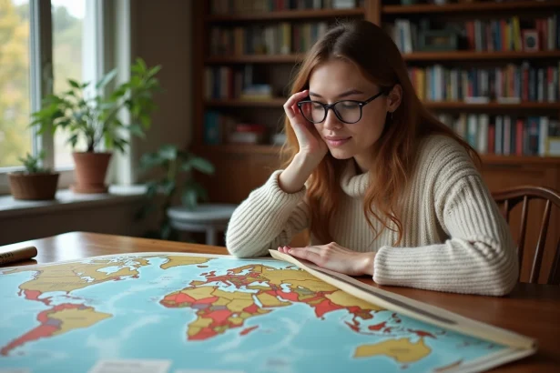 Femme regardant une grande carte du monde sur la table