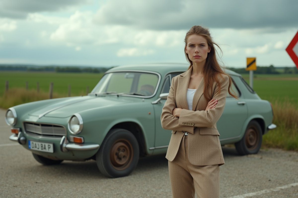 Jeune femme française devant une voiture ancienne à la campagne