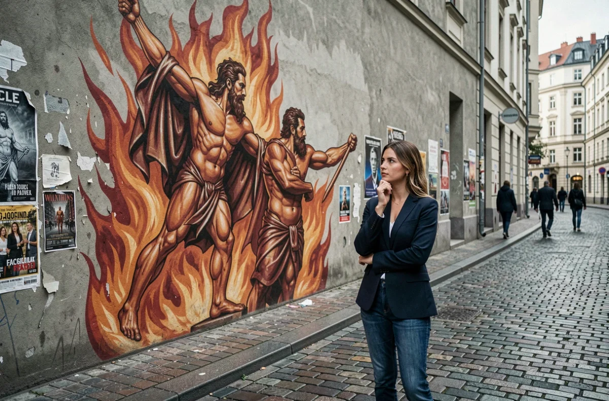 Jeune femme contemplant une fresque urbaine représentant Prométhée déchaîné sur un mur en béton