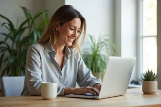 Femme utilisant un générateur de lettre en ligne sur son ordinateur portable dans un bureau à domicile moderne