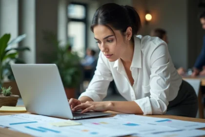 Femme professionnelle analysant un planning de projet avec calcul de jours sur ordinateur portable dans un bureau moderne