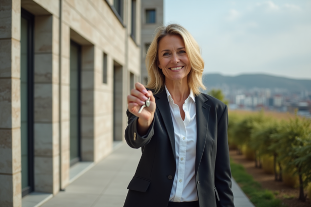 Femme souriante tenant des clés devant un immeuble moderne