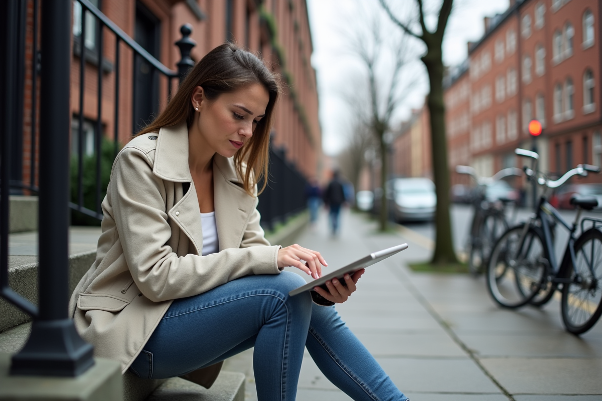 Jeune femme consulte des annonces immobilières en ville
