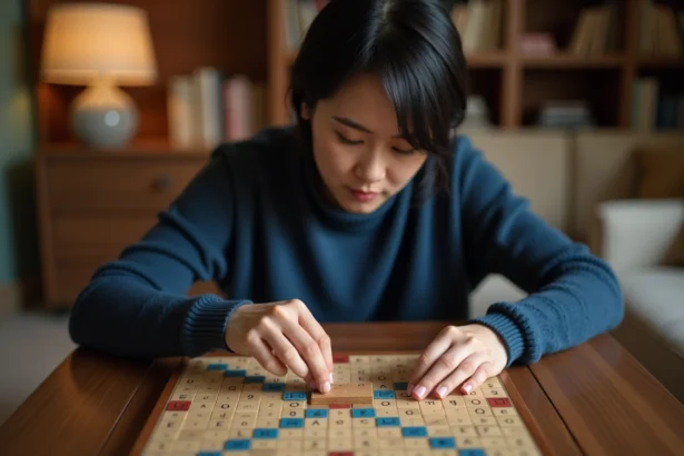 Femme plaçant une tuile Scrabble ACE sur un plateau de jeu en bois dans un salon cosy