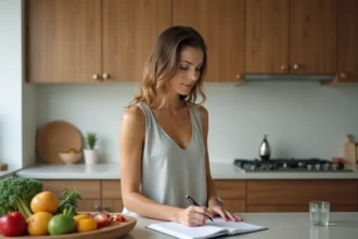Femme de 35 ans notant ses progrès alimentaires dans un journal nutritionnel dans une cuisine moderne et lumineuse
