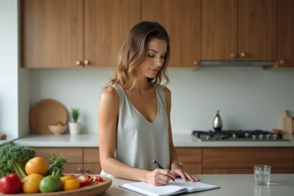 Femme de 35 ans notant ses progrès alimentaires dans un journal nutritionnel dans une cuisine moderne et lumineuse