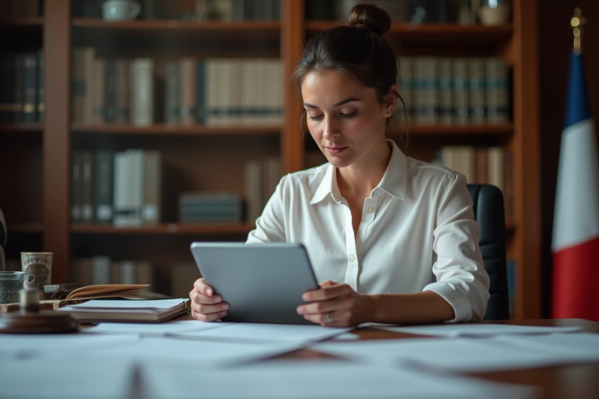 Femme lisant des documents dans son bureau