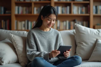 Femme lisant des ebooks légaux sur une tablette dans un salon moderne, comparaison plateformes ebooks 2026