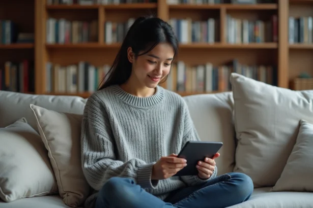 Femme lisant des ebooks légaux sur une tablette dans un salon moderne, comparaison plateformes ebooks 2026