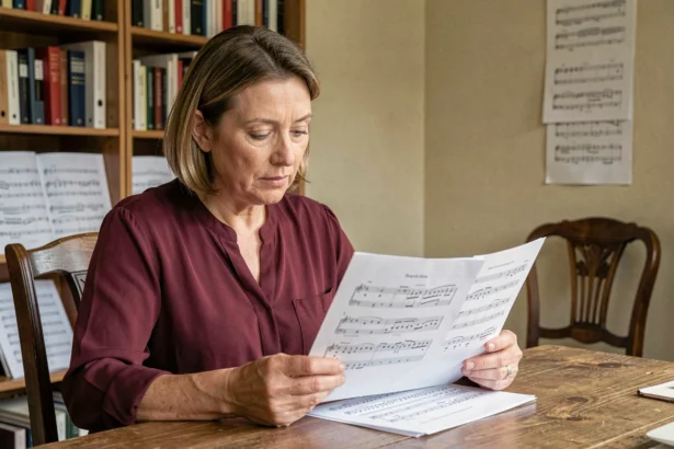 Femme lisant les paroles de La Strasbourgeoise sur une partition imprimée dans un bureau cosy