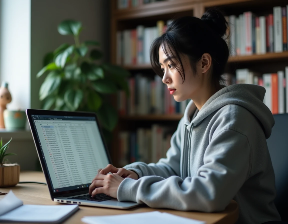 Femme consultant la liste complète des épisodes de Fairy Tail sur un ordinateur portable à son bureau