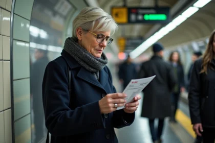 Femme examinant une amende RATP dans le métro parisien
