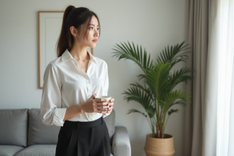 Jeune femme en tenue élégante dans un salon minimaliste
