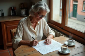 Femme belge résolvant des mots croisés dans un journal avec une ville belge en 4 lettres